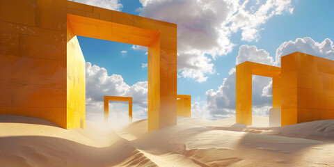 Abstract fantasy Easter background Blue sky inside the round hole on the yellow wall Flying white. 