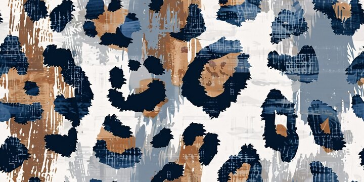 Impeccable leopard print design with painted backdrop in shades of blue, grey, ivory, and tan.