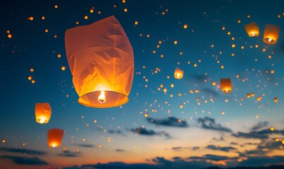 Sky lanterns float in evening sky at festival, Generative AI
