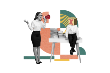 Creative collage poster september knowledge day young furious teacher scream megaphone her student stupid sit desk books isolated on beige background