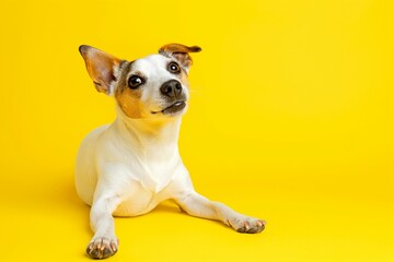 Fototapeta premium Full body studio portrait of a beautiful Jack Russell terrier dog. The dog is lying down and looking up over a background of pastel shades, radiating charm and playfulness.