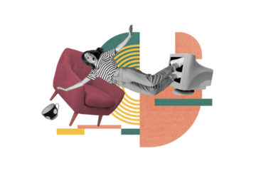 Creative photo collage of young excited lady falling out old vintage computer display workplace armchair remote job isolated on drawing background