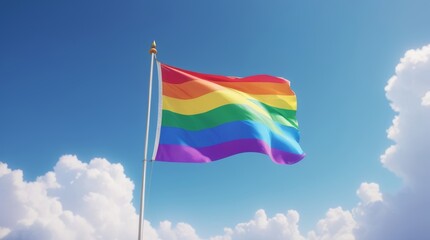 Rainbow flag fluttering on blue sky background.