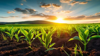 Rows of corn seedlings growing in brown plowed field at sunset, It conveys effort, new beginning, freshness, cleanliness, and warmth.