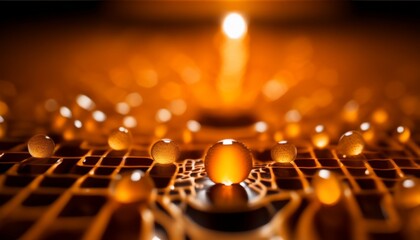A captivating image featuring a glowing golden orb centered in a futuristic honeycomb grid, exuding a sense of advanced technology and mystique. AI Generation