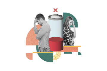 Composite collage portrait of two black white effect sad partners low energy charge battery break up divorce isolated on creative background