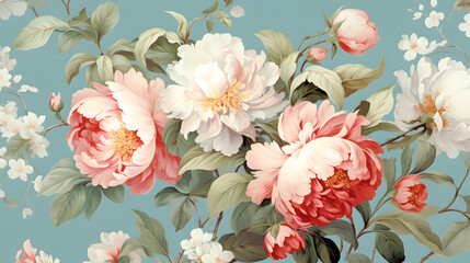 Digital retro peonies and buds textured graphics background