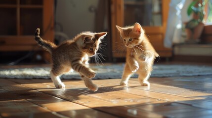 Cute fluffy kittens are playing, jumping on the floor in the room. Pets.