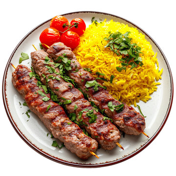 Front view of Kabab Koobideh with Iranian minced meat kebabs, food photography style, isolated on a white transparent background