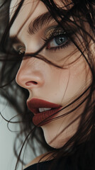 A close-up portrait of a woman with intense eyes, bold makeup, and dark, flowing hair, creating a striking and captivating image.
