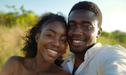 Obraz premium A young and happy African American couple takes a selfie. Couple in love in nature.