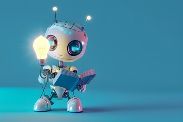 Naklejka premium Cute Robot Holding Electric Bulb and Reading Book on Blue Background