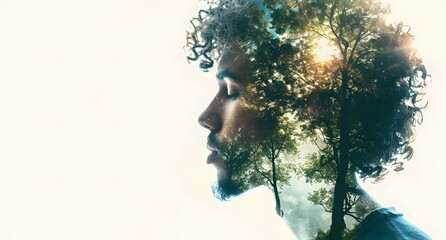 Double Exposure of Attractive Man with Forest Inside His Head