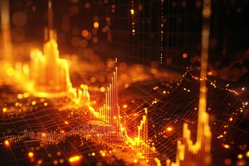 Market Volatility: Glowing Financial Graphs and Charts on Digital Display Reflecting Economic Challenges and Inflation.