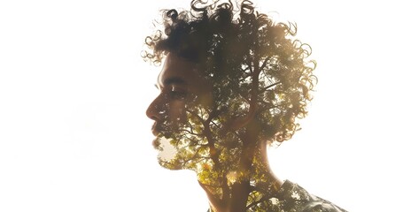 Double Exposure Silhouette of Man with Curly Hair and Nature Scene