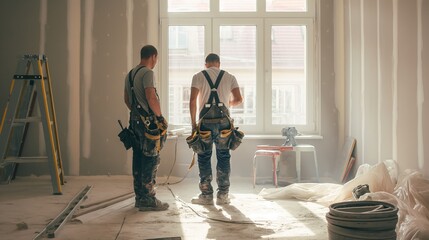 Fototapeta premium craftsmen working on a building site in a new house