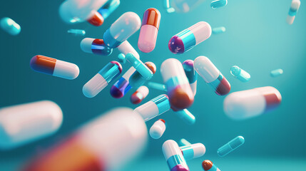 Medical balancing act. A group of medicine pills and antibiotics balancing on top of each other. 3D render.