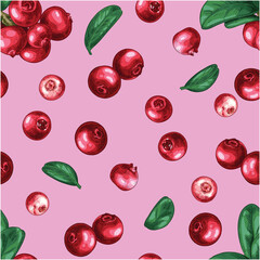 Hand drawn colorful fresh cowberries. Vector seamless pattern with cowberries on a branch, leaves, flowers and berries. For kitchen design, food packaging, textiles.