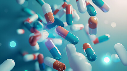 A group of antibiotic pill capsules falling. Healthcare and medical 3D illustration background.