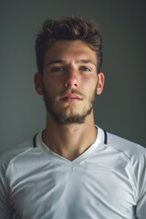 Close-up portrait of a serious young man with a beard, wearing a white athletic shirt, staring intently at the camera.
