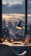 A cozy home office setup with a lamp, candle, and coffee cup on the desk, set against a backdrop of evening city lights.
