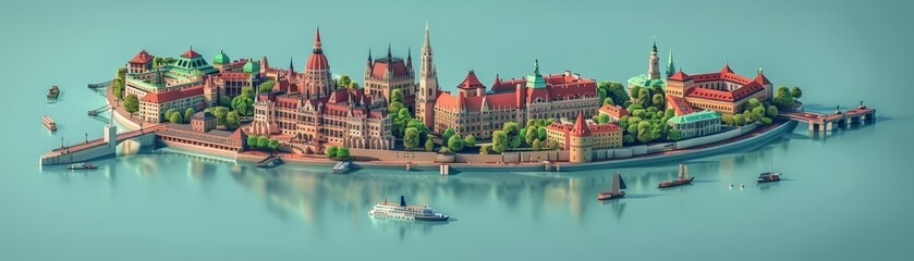 Fototapeta premium Vienna's famous places and atmosphere are beautifully depicted in a cute isometric 3D render on a salmon background