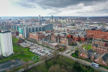 Fototapeta premium Aerial photo take in the town of Harehills in Leeds just outside the city centre, showing the St James's University Hospital known as Jimmy's with traffic and ambulances parked up at A and E entrance