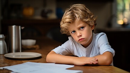 Young boy with curly hair sitting at a wooden table, looking pensive while leaning on his arms. Quiet kitchen setting in the background.