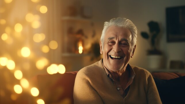 Elderly man with a joyful smile, warmly lit ambiance, sitting on a cozy couch in a festive living room with soft glowing lights.