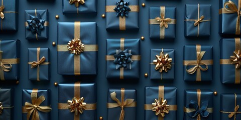 Neatly arranged Presents form a Grid pattern. Trendy Navy Blue and Gold Christmas Seasonal Background with copy-space.