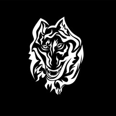 Stylized wolf face graphic vector illustration in monochromatic colors. Perfect for tattoo or graphic design use.