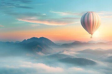 Obraz premium Hot Air Balloon Over Misty Mountains at Sunrise