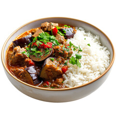 Front view of Khoresh-e Bademjan with Iranian eggplant stew, food photography style, isolated on a white transparent background