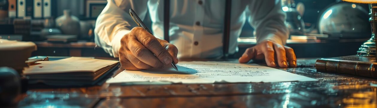 An editor marking corrections on a draft, focus on, attention to detail theme, whimsical, fusion, editorial desk backdrop