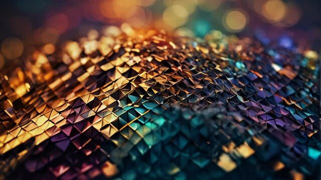 textured surface composed of numerous small, triangular and polygon facets in shades of turquoise and purple and gold. abstract background