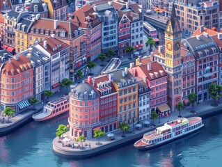 Obraz premium Cute isometric 3D render of Zurich, capturing the famous places and atmosphere of this city, centered on a beige solid color background
