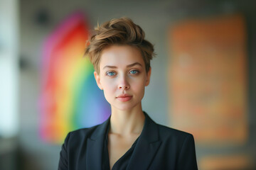 Obraz premium Short-haired LGBTQ businesswoma, strong leadership qualities, wearing a business suit, leading a meeting to support LGBTQ in the organization for Pride Month