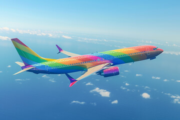 Passenger airplane flying in the sky, painted entirely in rainbow colors to support LGBTQ Pride Month