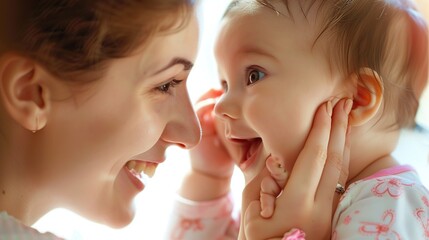 Close up Baby looks at her mother and caresses her face with their hands, happy family.