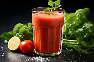 A colorful still life arrangement of fresh fruits and a glass of juice, set against a dark background.