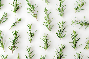 Flat lay of fresh rosemary sprigs arranged on a white background