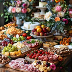 Vibrant Buffet Table with a Variety of Fresh Foods and Snacks