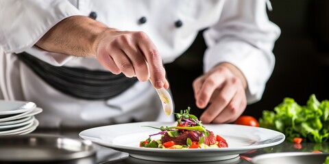 A professional chef focuses on adding the finishing touches to a gourmet dish, showcasing culinary skills, perfection, and intricate artistry in food preparation.
