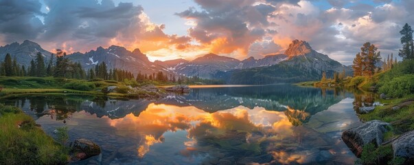 sunset in the mountains at a calm lake that creates a perfect reflection