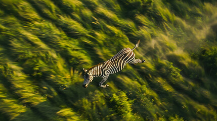  one zebra running fast on a green african grasslands