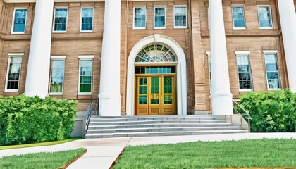 A digital painting of a classical government building entrance with prominent green doors surrounded by lush greenery and white steps.. AI Generation
