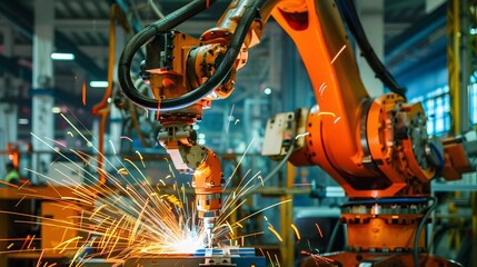 Industrial Robot Welding with Sparks in Factory