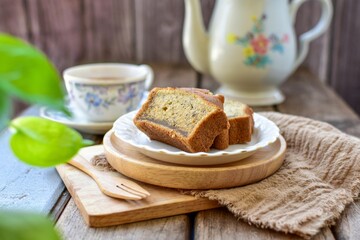 Banana cake with hot tea , set afternoon tea on wooden blackground,