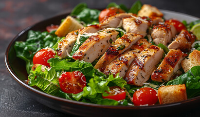 A bowl of salad with chicken and tomatoes on it. Generative AI