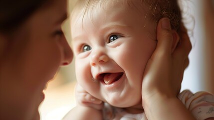 Baby looks at her mother and caresses her face with a smile full of affection.
